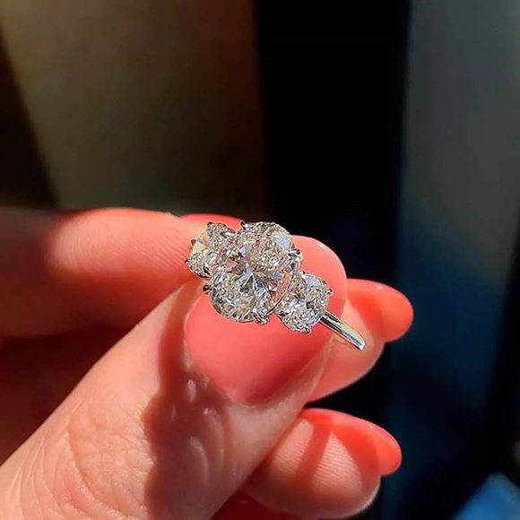 Sim Dia Jewelry - 3Pcs 925 Silver Oval Cut 3 Stone Solitaire Ring